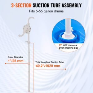 drum pump, 6.5 gpm flow, rotary barrel pump hand crank, fits 5 to 55 gallon drums with 3 section suction tube assembly and hose, designed for fast transfer of water, alcohol, corrosive liquids