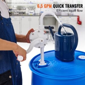 drum pump, 6.5 gpm flow, rotary barrel pump hand crank, fits 5 to 55 gallon drums with 3 section suction tube assembly and hose, designed for fast transfer of water, alcohol, corrosive liquids