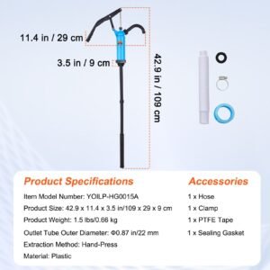 drum pump, 9.5 oz. per stroke, lever action barrel pump, fits 5 55 gallon drums with 3 section suction tube assembly & hose, hand operated, designed to transfer water, alcohol, corrosive liquids