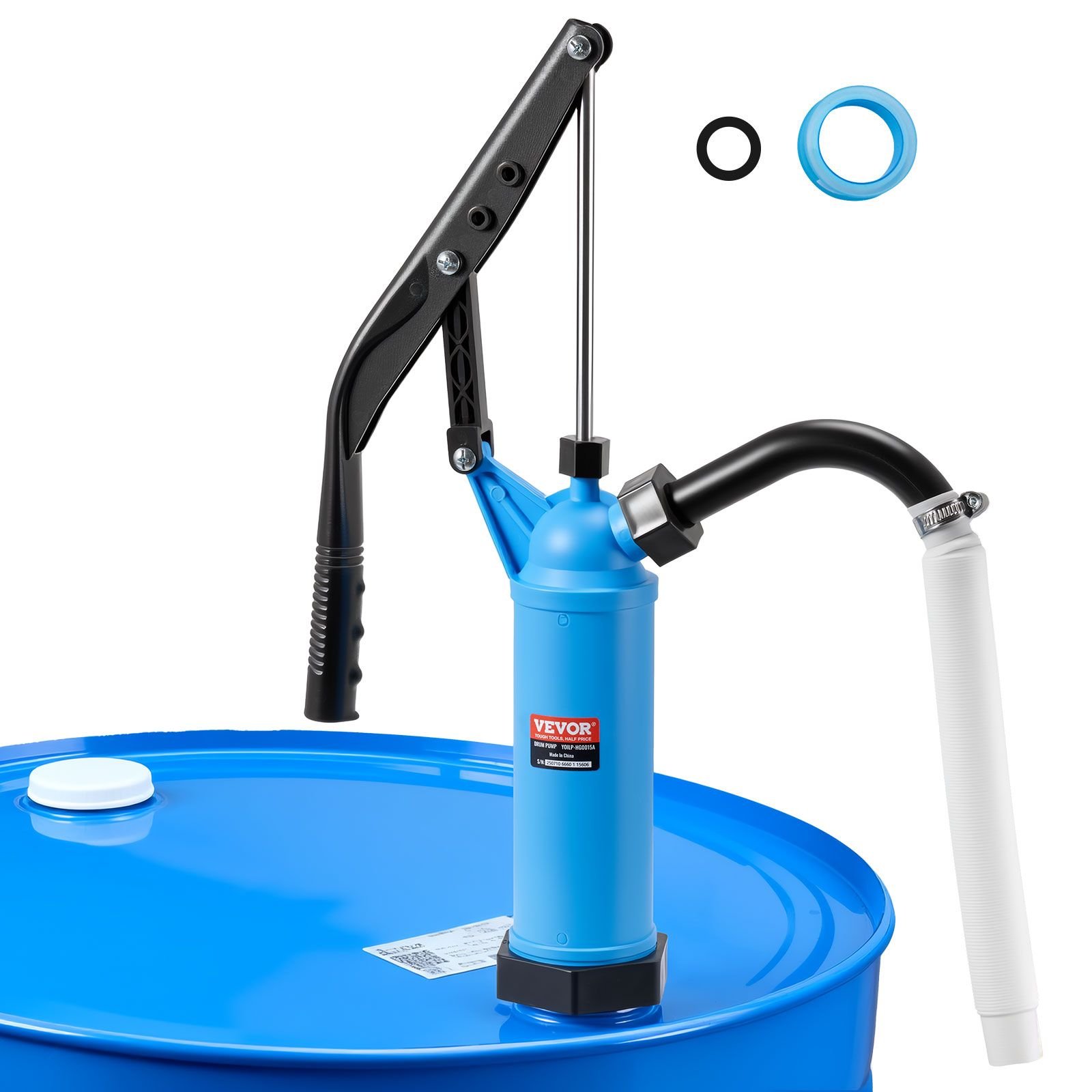 drum pump, 9.5 oz. per stroke, lever action barrel pump, fits 5 55 gallon drums with 3 section suction tube assembly & hose, hand operated, designed to transfer water, alcohol, corrosive liquids