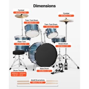 drum set, 5 piece 22 in junior drum sets, beginner drums set with adjustable throne, cymbal, and drumsticks, musical learning drums instrument kit, for beginner, teens & student (gravel blue)