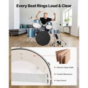 drum set, 5 piece 22 in junior drum sets, beginner drums set with adjustable throne, cymbal, and drumsticks, musical learning drums instrument kit, for beginner, teens & student (gravel blue)