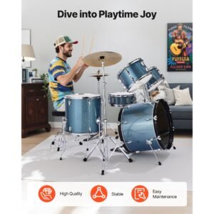 drum set, 5 piece 22 in junior drum sets, beginner drums set with adjustable throne, cymbal, and drumsticks, musical learning drums instrument kit, for beginner, teens & student (gravel blue)