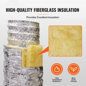 dryer vent hose, 6'' insulated flexible duct 25ft long with 2 duct clamps, heavy duty three layer protection for hvac heating cooling ventilation and exhaust, r 4.2 flame resistance value