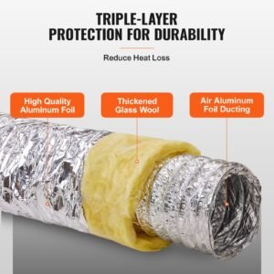 dryer vent hose, 6'' insulated flexible duct 25ft long with 2 duct clamps, heavy duty three layer protection for hvac heating cooling ventilation and exhaust, r 4.2 flame resistance value
