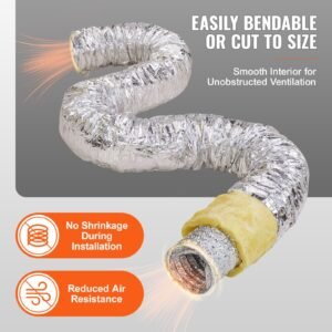 dryer vent hose, 6'' insulated flexible duct 25ft long with 2 duct clamps, heavy duty three layer protection for hvac heating cooling ventilation and exhaust, r 4.2 flame resistance value