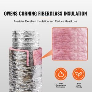 dryer vent hose, 8'' insulated flexible duct 25ft long with 2 duct clamps, heavy duty three layer protection for hvac heating cooling ventilation and exhaust, r 6.0 flame resistance value