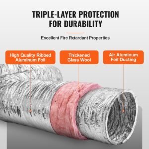 dryer vent hose, 8'' insulated flexible duct 25ft long with 2 duct clamps, heavy duty three layer protection for hvac heating cooling ventilation and exhaust, r 6.0 flame resistance value