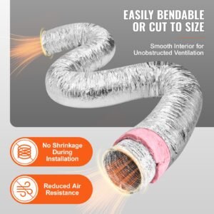 dryer vent hose, 8'' insulated flexible duct 25ft long with 2 duct clamps, heavy duty three layer protection for hvac heating cooling ventilation and exhaust, r 6.0 flame resistance value