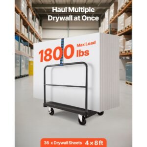 drywall cart dolly, 1800 lbs load capacity, 2 in 1 steel panel truck cart with 5 inch swivel casters, 36 x 24 inch platform truck with 3 side handrails for factory, warehouse, garage, black