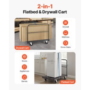 drywall cart dolly, 1800 lbs load capacity, 2 in 1 steel panel truck cart with 5 inch swivel casters, 36 x 24 inch platform truck with 3 side handrails for factory, warehouse, garage, black