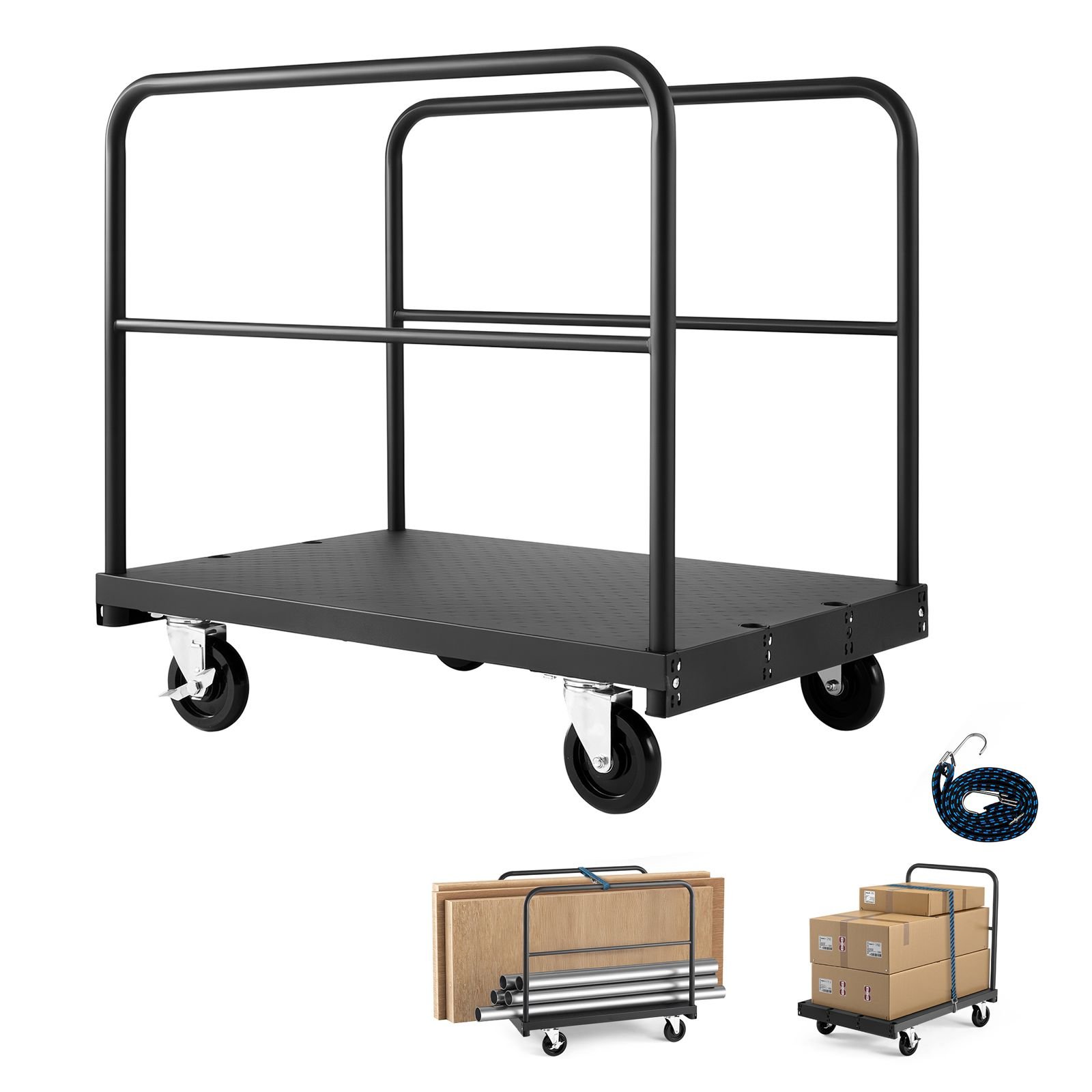 drywall cart dolly, 1800 lbs load capacity, 2 in 1 steel panel truck cart with 5 inch swivel casters, 36 x 24 inch platform truck with 3 side handrails for factory, warehouse, garage, black