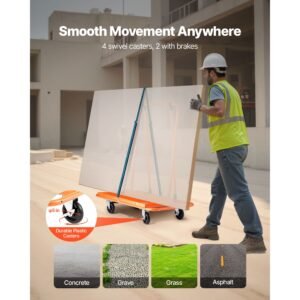 drywall cart dolly, 1800 lbs load capacity, steel panel dolly with 4 swivel casters, durable & long lasting, panel truck cart with tie down strap for plywood, plasterboard, glass, orange