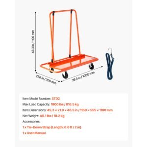drywall cart dolly, 1800 lbs load capacity, steel panel dolly with 4 swivel casters, durable & long lasting, panel truck cart with tie down strap for plywood, plasterboard, glass, orange