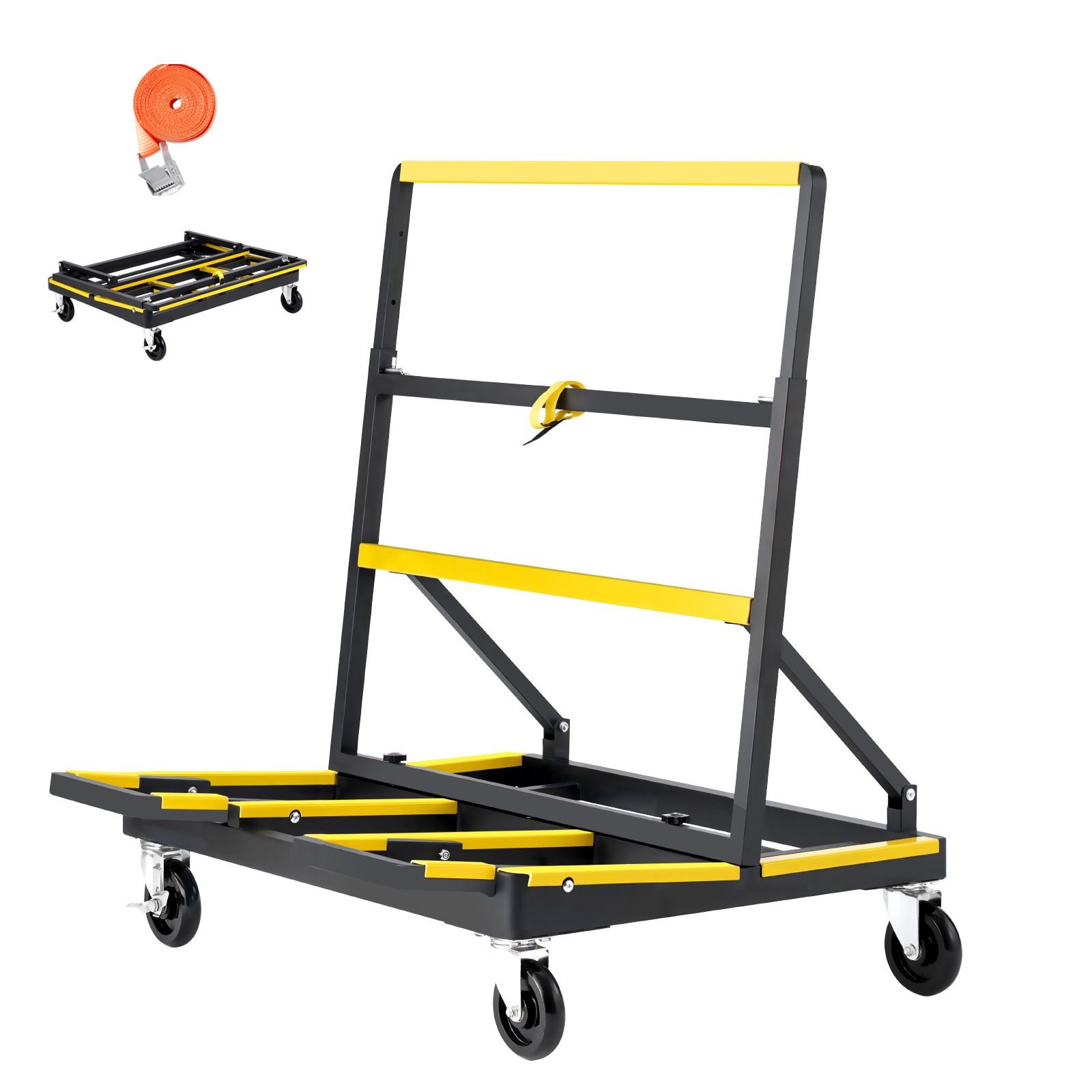 drywall cart dolly, 1800 lbs load capacity, steel panel dolly with 4 swivel casters & expandable deck, foldable panel truck cart with tie down strap for handling plywood, plasterboard, glass
