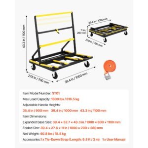 drywall cart dolly, 1800 lbs load capacity, steel panel dolly with 4 swivel casters & expandable deck, foldable panel truck cart with tie down strap for handling plywood, plasterboard, glass