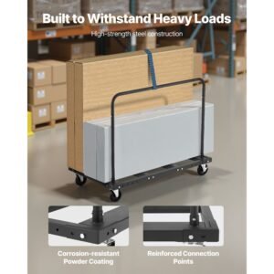 drywall cart dolly, 1800 lbs load capacity, steel panel truck cart with 5 inch swivel casters, lumber drywall dolly with tie down strap & 2 side handrails for factory, warehouse, garage, black
