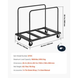 drywall cart dolly, 1800 lbs load capacity, steel panel truck cart with 5 inch swivel casters, lumber drywall dolly with tie down strap & 2 side handrails for factory, warehouse, garage, black