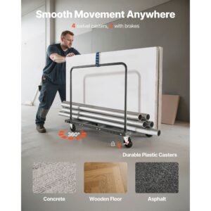 drywall cart dolly, 1800 lbs load capacity, steel panel truck cart with 5 inch swivel casters, lumber drywall dolly with tie down strap & 2 side handrails for factory, warehouse, garage, black