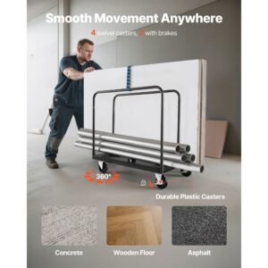 drywall cart dolly, 1800 lbs load capacity, steel panel truck cart with 5 inch swivel casters, lumber drywall dolly with with tie down strap & 3 side handrails for factory, warehouse, black