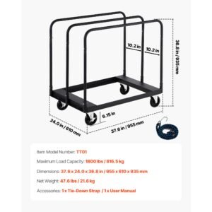 drywall cart dolly, 1800 lbs load capacity, steel panel truck cart with 5 inch swivel casters, lumber drywall dolly with with tie down strap & 3 side handrails for factory, warehouse, black