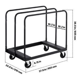 drywall cart dolly, 1800 lbs load capacity, steel panel truck cart with 5 inch swivel casters, lumber drywall dolly with with tie down strap & 3 side handrails for factory, warehouse, black