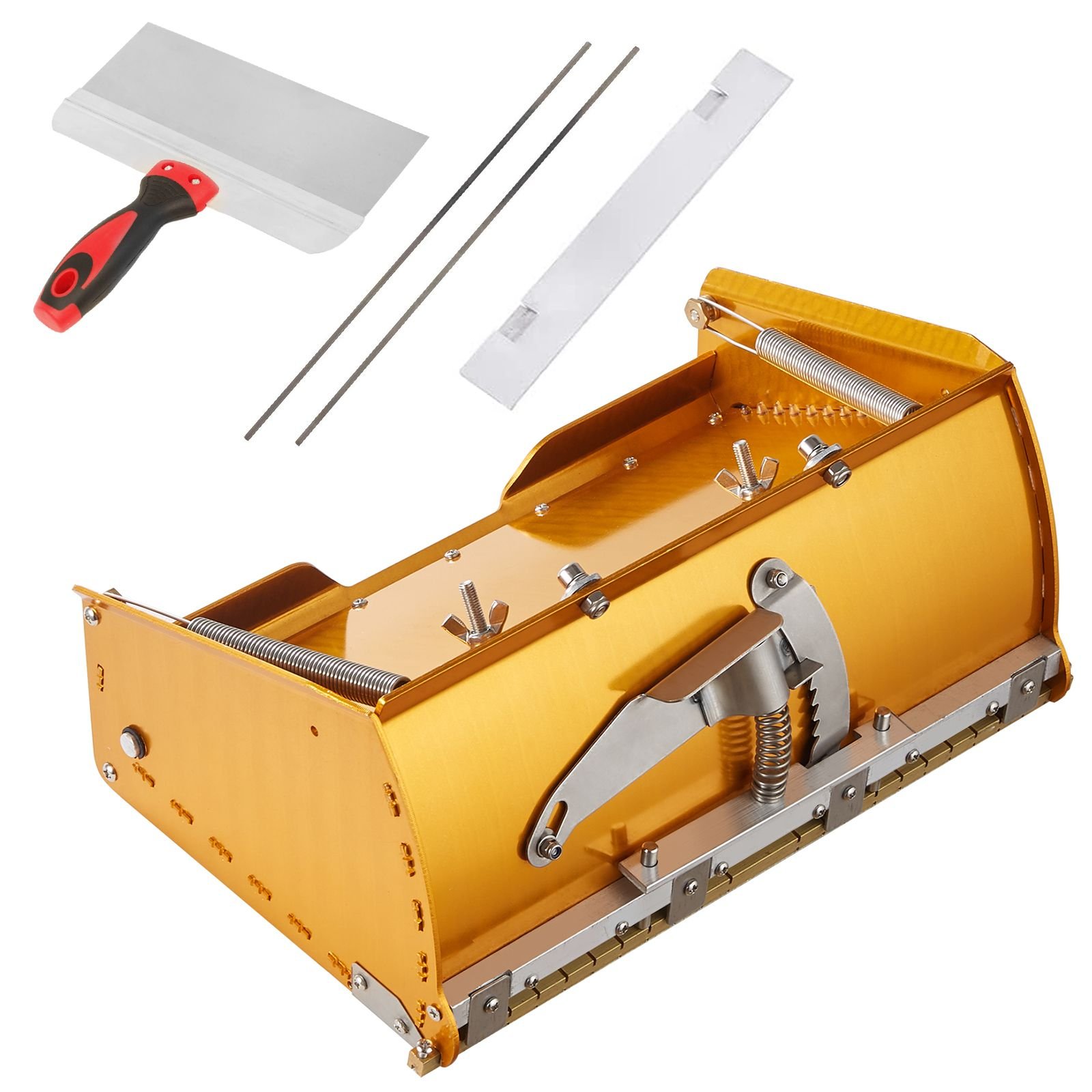 drywall flat box, 10 inch wide quick clean, aluminum finishing mud box for plasterboard, wallboard, sheetrock, bonus mudguard, extra 2 stainless steel blades (10/12 inch)