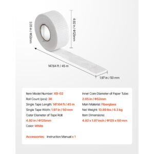 drywall mesh tape, 1.97 inch w x 147.64 ft l self adhesive fiberglass drywall joint tape, 36 rolls dry wall patch for easy sheetrock ceiling crack repair, to achieve smooth even wall surface