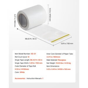 drywall mesh tape, 5.91 inch w x 98.43 ft l self adhesive fiberglass drywall joint tape, 12 rolls dry wall patch for easy sheetrock ceiling crack repair, to achieve smooth even wall surface