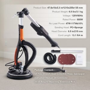 drywall sander, 800w brushless motor electric sander, variable speed 1000 2300 rpm wall sander, foldable ceiling sander with double deck led lights, extendable handle, 12 sanding discs