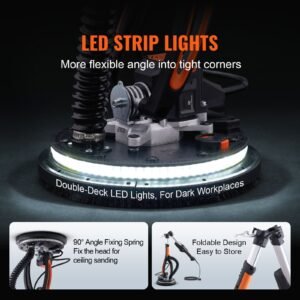 drywall sander, 800w brushless motor electric sander, variable speed 1000 2300 rpm wall sander, foldable ceiling sander with double deck led lights, extendable handle, 12 sanding discs