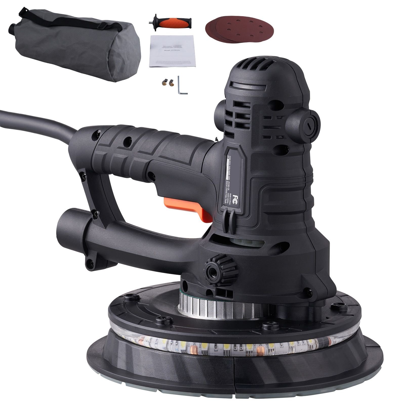 drywall sander, 800w electric sander with 12 sanding discs, variable speed 1200 2300 rpm wall sander with automatic vacuum dust collection system, double led lights, dust bag, detachable edge