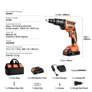 drywall screw gun, 20v max drywall screwgun, 4200rpm brushless cordless drywall gun kit with 2 battery packs, charger, belt clip, and tool bag, forward and reverse adjustable, built in led light