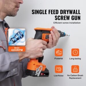 drywall screw gun, 20v max drywall screwgun, 4200rpm brushless cordless drywall gun kit with 2 battery packs, charger, belt clip, and tool bag, forward and reverse adjustable, built in led light