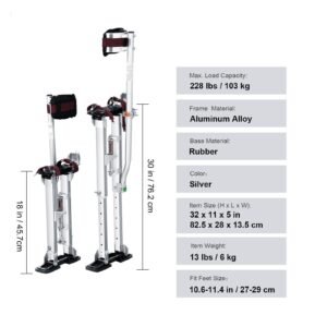 drywall stilts, 18'' 30'' adjustable aluminum tool stilts with protective knee pads, durable and non slip work stilts for sheetrock painting, walking, taping, silver