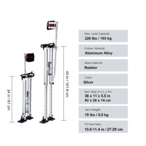 drywall stilts, 24'' 40'' adjustable aluminum tool stilts with protective knee pads, durable and non slip work stilts for sheetrock painting, walking, taping, silver