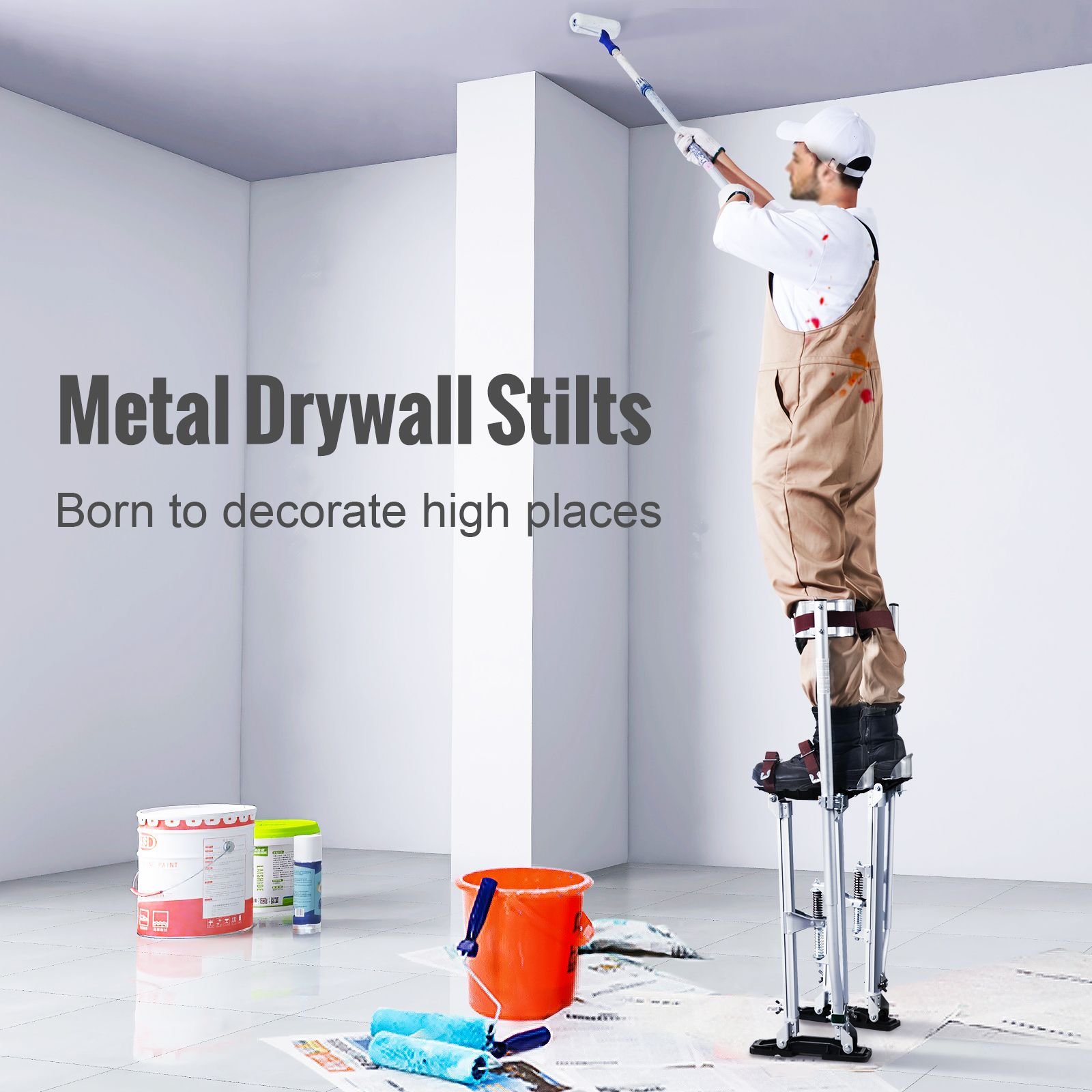drywall stilts, 24'' 40'' adjustable aluminum tool stilts with protective knee pads, durable and non slip work stilts for sheetrock painting, walking, taping, silver