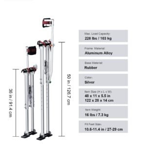 drywall stilts, 36'' 50'' adjustable aluminum tool stilts with protective knee pads, durable and non slip work stilts for sheetrock painting, walking, taping, silver