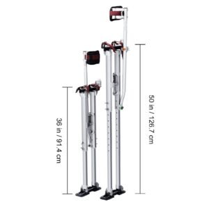 drywall stilts, 36'' 50'' adjustable aluminum tool stilts with protective knee pads, durable and non slip work stilts for sheetrock painting, walking, taping, silver