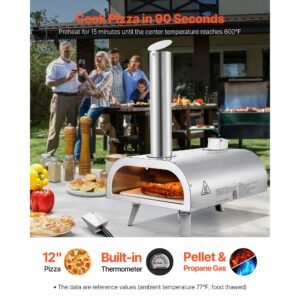 dual fuel pizza oven outdoor, 12 inch wood fire & propane gas pizza oven, pellet & propane pizza maker with thermometer, stainless steel pizza cook for outside camping & backyard