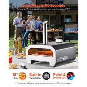 dual fuel pizza oven outdoor, 16 in wood fire & propane gas pizza oven, portable pellet & propane pizza maker with thermometer, iron spray black shell pizza cook for outside camping & backyard