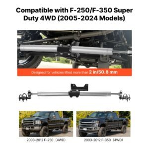 dual steering stabilizer, for 2005 2024 ford f 250/f 350 super duty 4wd, dual steering stabilizer kit fits with 2 inches of suspension lift or higher, enhanced control and reduced vibration