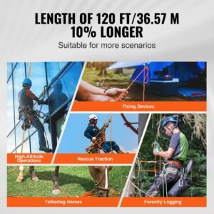 dual weave polyester cord, 3/8 inch by 120 feet, 48 strand, 4000 pound tensile strength, multi use rope for arborist activities, and outdoor adventures, orange/black