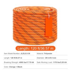 dual weave polyester cord, 3/8 inch by 120 feet, 48 strand, 4000 pound tensile strength, multi use rope for arborist activities, and outdoor adventures, orange/black