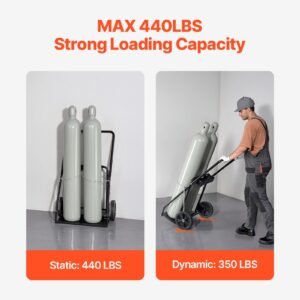 dual welding cylinder cart, oxygen acetylene tank cart with 440lbs static weight capacity, 10 inch solid wheels and tank storage safety chains, suitable for double 12.5 inch dia. gas cylinders