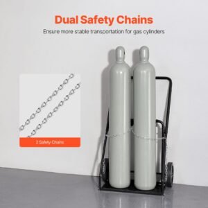 dual welding cylinder cart, oxygen acetylene tank cart with 440lbs static weight capacity, 10 inch solid wheels and tank storage safety chains, suitable for double 12.5 inch dia. gas cylinders