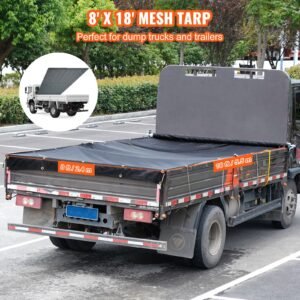 dump truck mesh tarp, 8 x 18 ft, pvc coated black heavy duty cover with 5.5" 18oz double pocket, brass grommets, reinforced double needle stitch webbing fits manual or electric dump truck system