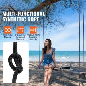 durable nylon cord, 3/16 inch x 1000 ft, 32 strand design, 720 lbs load capacity, multi purpose rope for outdoor adventures, tree work, and emergency situations, black