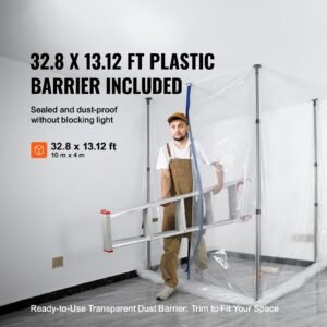 dust barrier poles, 12 ft barrier poles, dust barrier system with 4 telescoping poles, carry bag and 32.8x13.12 ft plastic film, for interior decoration, painting