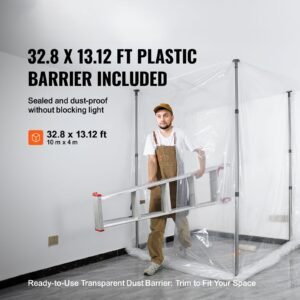 dust barrier poles, 12 ft dust barrier system with 4 telescoping poles, 32.8x13.12 ft plastic film, and carry bag, for interior decoration and painting projects
